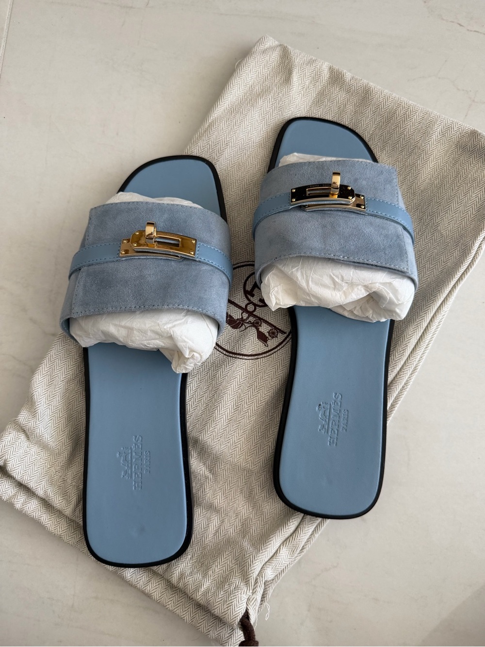 Hermès Giulia Light Blue Suede Sandals with Gold Kelly Buckle